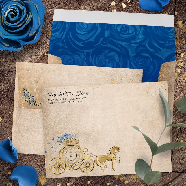 Royal Blue Gold Princess Carriage Return Address Envelope (Personalize your own royal blue and gold fairytale princess carriage return address envelopes.)