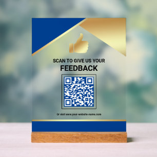 Royal Blue Gold QR Code Customer Feedback Review Acrylic Sign