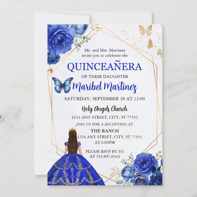 Royal Blue Gold Quinceanera Birthday Invitation (Front)