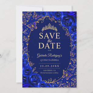 Royal Blue Gold Quinceanera Floral Save The Date