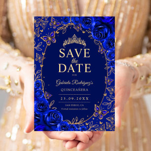 Royal Blue Gold Quinceanera Floral Save The Date