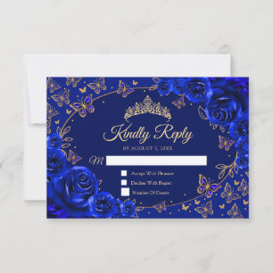 Royal Blue Gold Quinceanera Reply RSVP Card