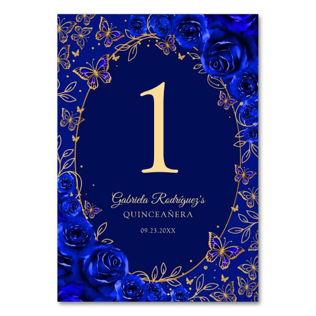 Royal Blue Gold Quinceanera Table Number (Front)