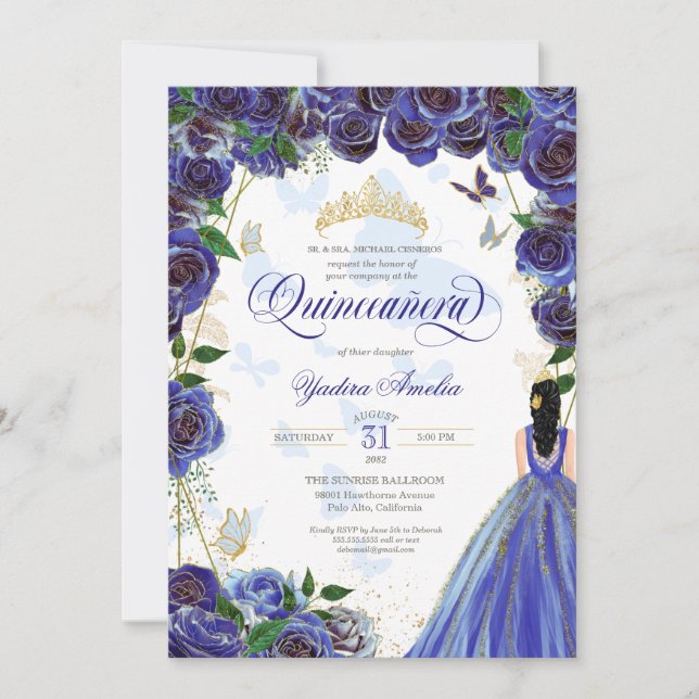 Royal Blue Gold Rose Elegant Butterfly Quinceanera Invitation (Front)