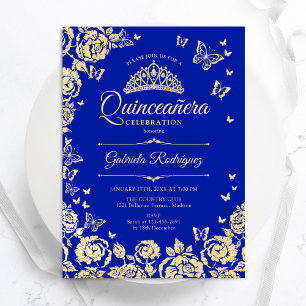 Royal Blue Gold Roses Butterflies Quinceanera Invitation