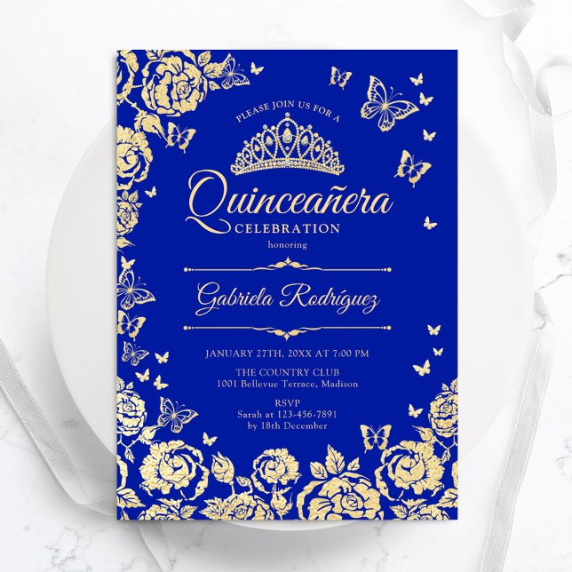 Royal Blue Gold Roses Butterflies Quinceanera Invitation (Creator Uploaded)