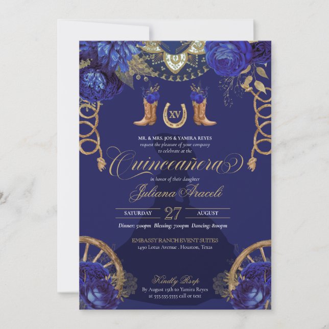 Royal Blue Gold Roses Charro Western Quinceanera Invitation (Front)