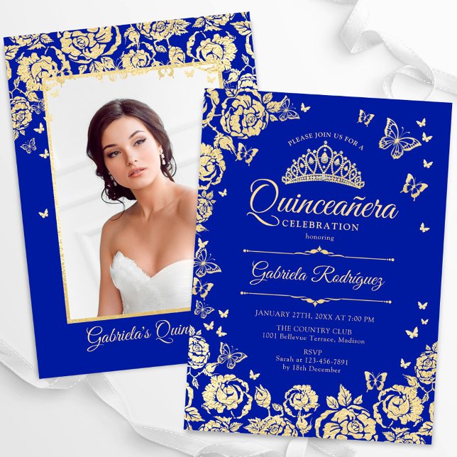 Royal Blue Gold Roses Quinceanera Photo Invitation (Creator Uploaded)