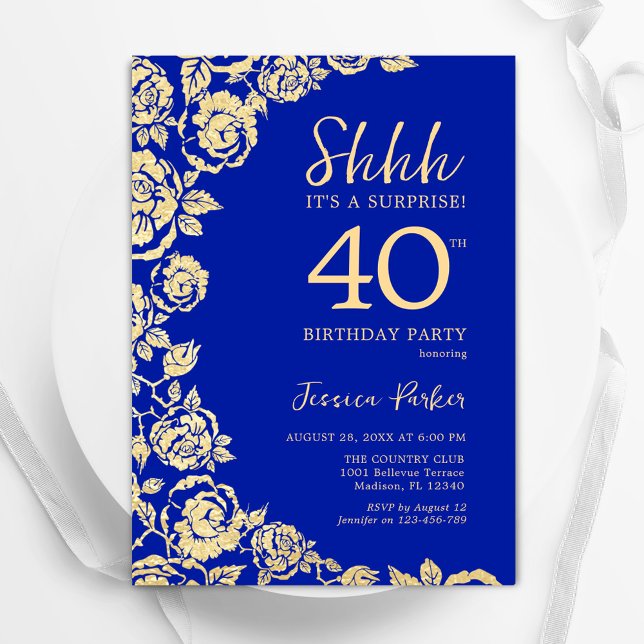 Royal Blue Gold Roses Surprise 40th Birthday Invitation (Creator Uploaded)