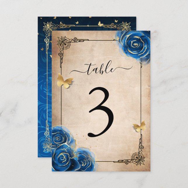 Royal Blue Gold Roses Table Number Cards  (Front/Back)