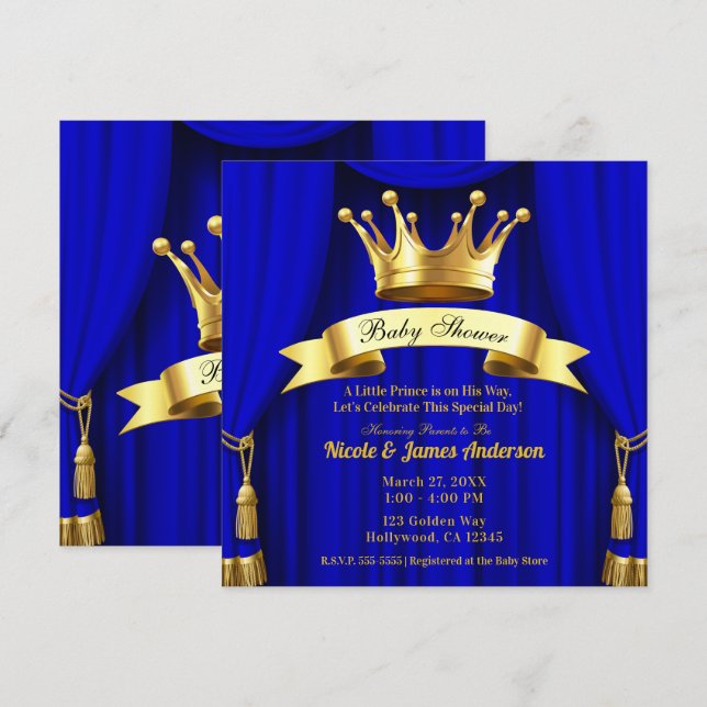 Royal Blue Gold Royal Crown Prince Baby Shower Invitation (Front/Back)