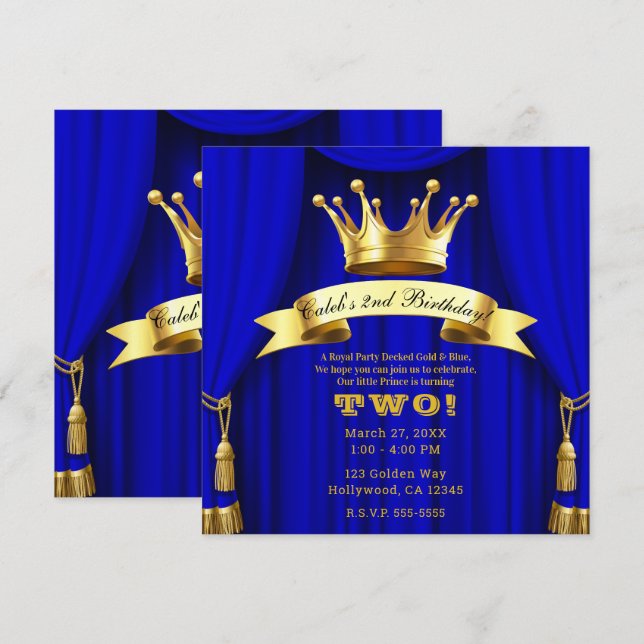 Royal Blue Gold Royal Crown Prince Birthday Party Invitation (Front/Back)