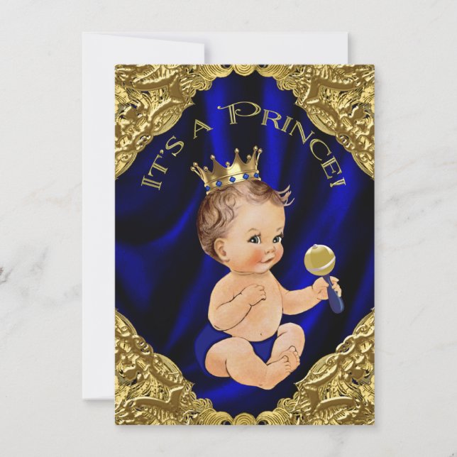 Royal Blue Gold Satin Prince Baby Shower Invitation (Front)