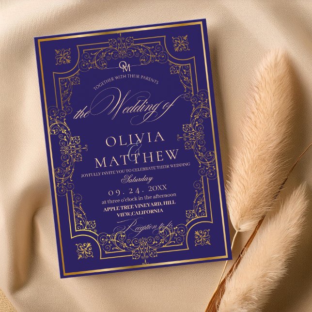 Royal Blue Gold Script Wedding Invitation (Creator Uploaded)