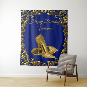 Royal Blue Gold Shoe Birthday Party L Backdrop Tapestry