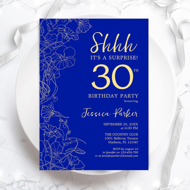 Royal Blue Gold Surprise 30th Birthday Invitation (Creator Uploaded)