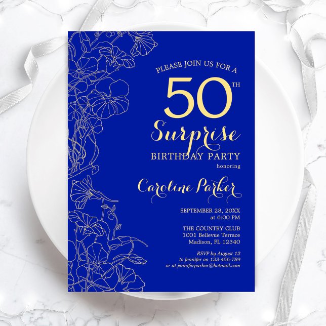 Royal Blue Gold Surprise 50th Birthday Party Invitation (Creator Uploaded)