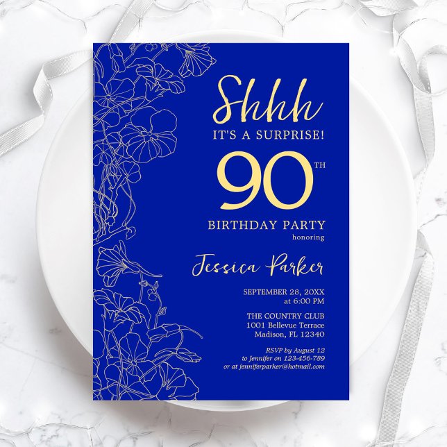 Royal Blue Gold Surprise 90th Birthday Invitation (Creator Uploaded)