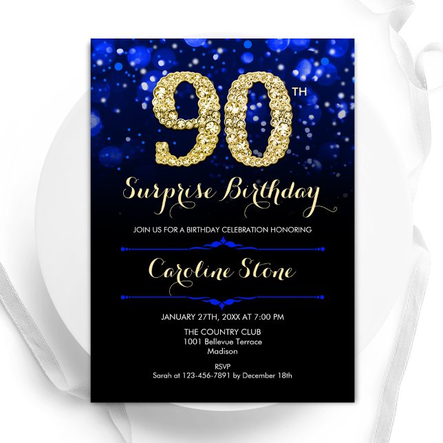 Royal Blue Gold Surprise 90th Birthday Invitation (Creator Uploaded)