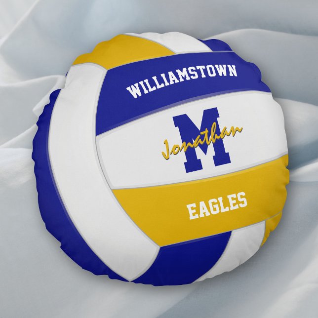 royal blue gold team colours kids volleyball round cushion (Creator Uploaded)