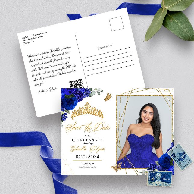 Royal Blue & Gold Tiara Quinceañera Photo Postcard (Creator Uploaded)