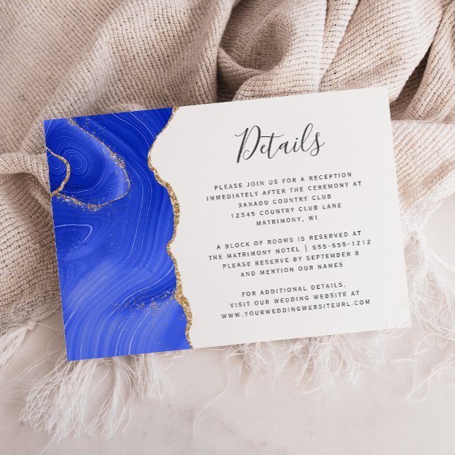 Royal Blue Gold Watercolor Agate Wedding Details Enclosure Card (Creator Uploaded)