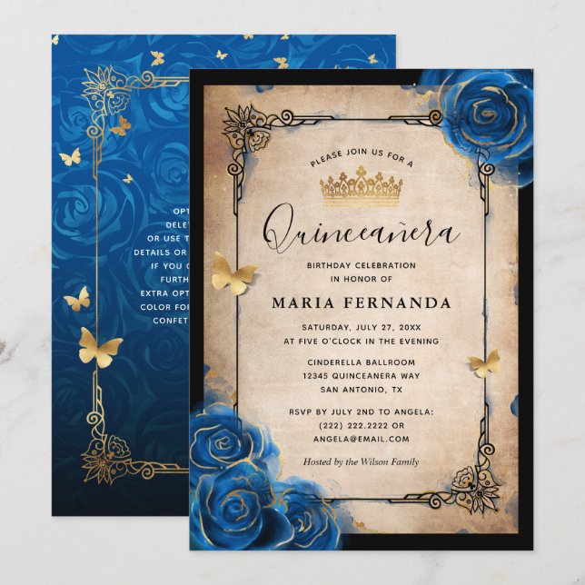 Royal Blue Gold Watercolor Elegant Quinceanera Invitation (Front/Back)