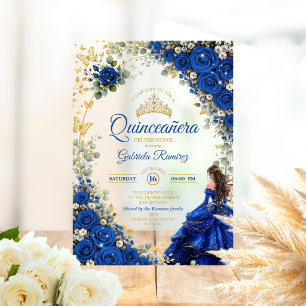 Royal Blue Golden Butterflies Quinceañera Acrylic Invitations