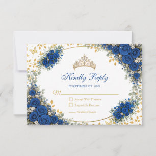 Royal Blue Golden Butterflies Quinceañera  RSVP Card