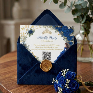 Royal Blue Golden Butterflies Quinceañera RSVP Card