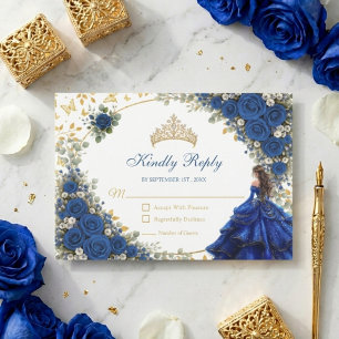 Royal Blue Golden Butterflies Quinceañera RSVP Card