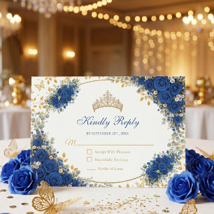 Royal Blue Golden Butterflies Quinceañera  RSVP Card