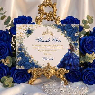 Royal Blue Golden Butterflies Quinceañera  Thank You Card