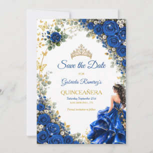 Royal Blue Golden Butterfly Quinceañera Save The Date