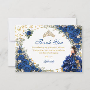 Royal Blue Golden Butterfly Quinceañera  Thank You Card