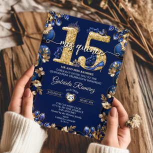Royal Blue Golden Mis Quince 15 Quinceañera Invitation