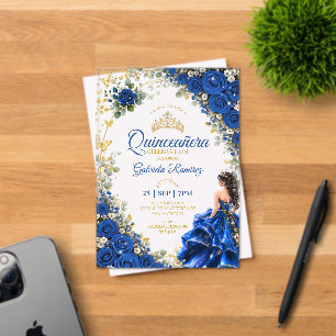 Royal Blue Golden Quinceañera Butterflies Acrylic Invitations