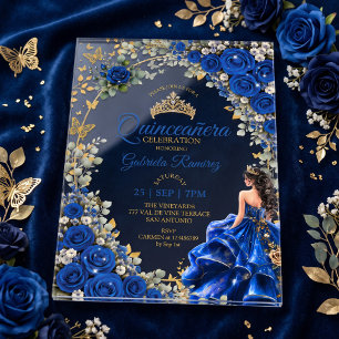 Royal Blue Golden Quinceañera Butterflies Acrylic Invitations