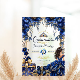 Royal Blue Golden Tiara Floral  Quinceañera Acrylic Invitations