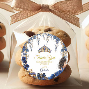 Royal Blue Golden Tiara Floral Quinceañera Classic Round Sticker