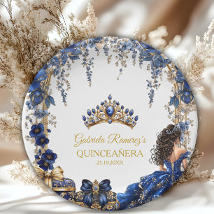 Royal Blue Golden Tiara Floral Quinceañera Paper Plate