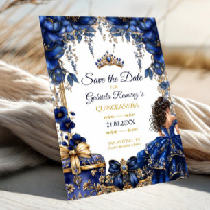 Royal Blue Golden Tiara Floral Quinceañera Save The Date