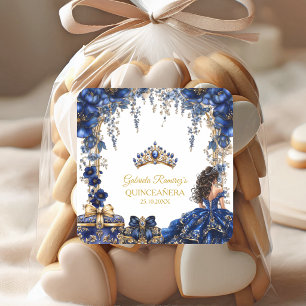 Royal Blue Golden Tiara Floral Quinceañera Square Sticker