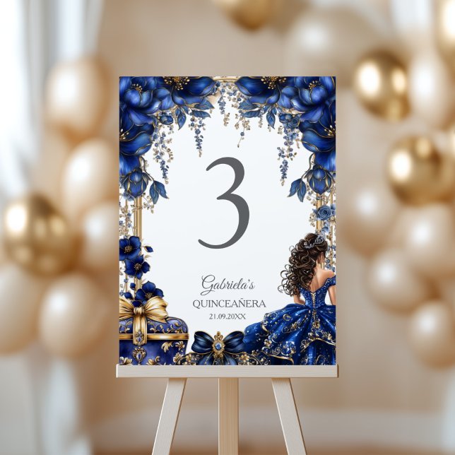 Royal Blue Golden Tiara Floral Quinceañera  Table Number (Creator Uploaded)