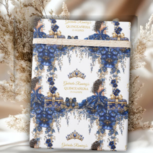 Royal Blue Golden Tiara Floral Quinceañera Wrapping Paper