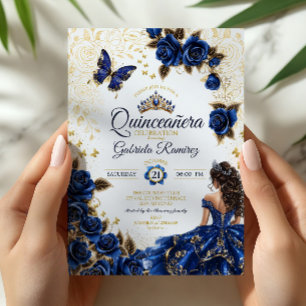 Royal Blue Golden Tiara Roses Quinceañera Invitation