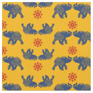 Royal Blue, Golden Yellow Jewelled Elephants India Fabric