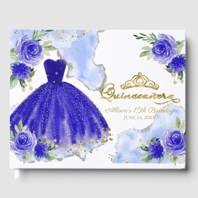 Royal Blue Gown Floral Quinceanera Guest Book (Front)