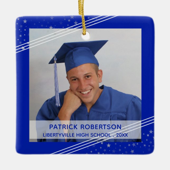 Royal Blue Graduate Photo Modern Keepsake Ceramic Ornament (Front)