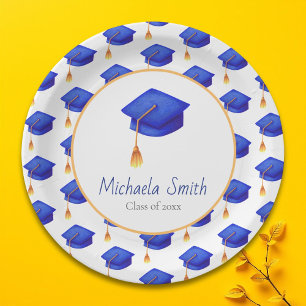 Royal Blue Graduation Cap Patterned Personalised Paper Plate